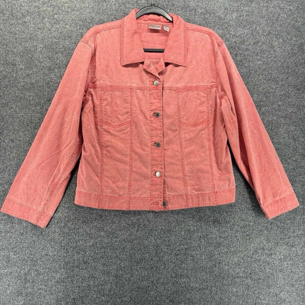 Chicos Jacket Womens L Pink Paisley Metal Button Up Trucker Western Boho Casual
